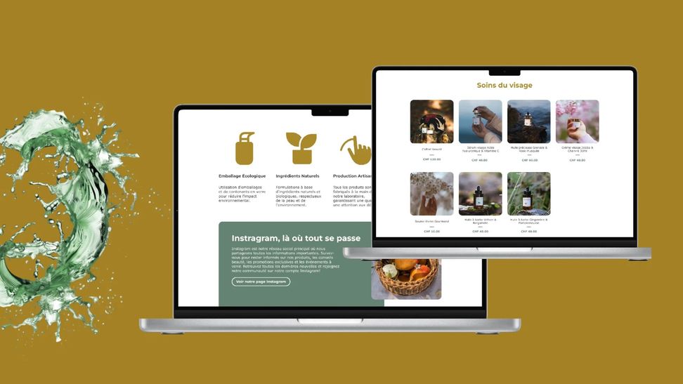 Deux ordinateurs portables sur fond ocre, affichant la page « Soins du visage » et la section « Instagram, là où tout se passe » du site Chrys&Crane, à côté d'une éclaboussure d'eau verte.