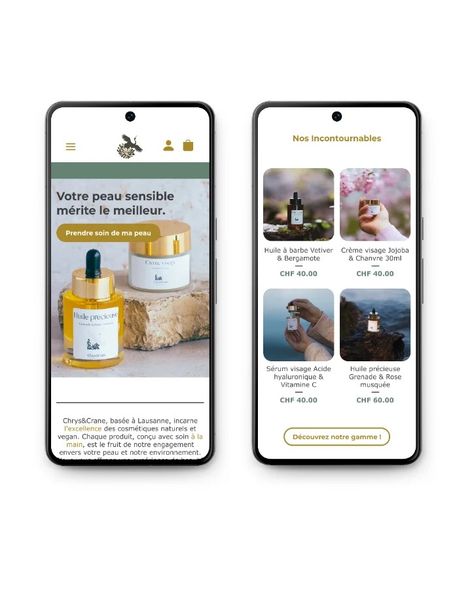 Deux smartphones affichant la version mobile du site Chrys&Crane : l'accueil « Votre peau sensible mérite le meilleur » et la sélection « Nos incontournables » avec ses prix en francs suisses.