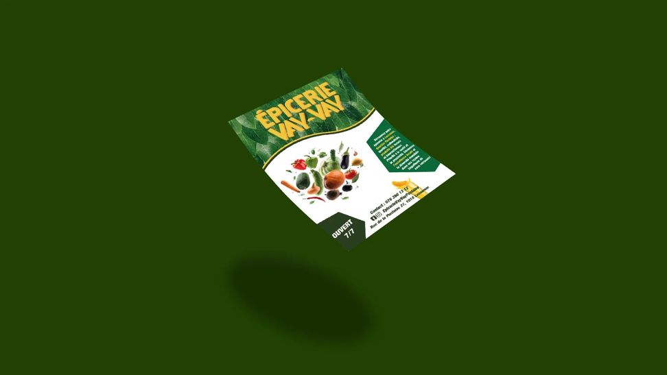 Flyer de l'Épicerie Vay-Vay montrant des fruits et légumes et la mention « Ouvert 7/7 », flottant au-dessus de son ombre sur fond vert foncé.