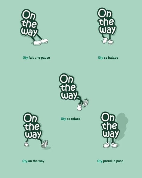Cinq poses de la mascotte Oty sur fond vert d'eau, légendées « Oty fait une pause », « Oty se balade », « Oty se relaxe », « Oty on the way » et « Oty prend la pose ».
