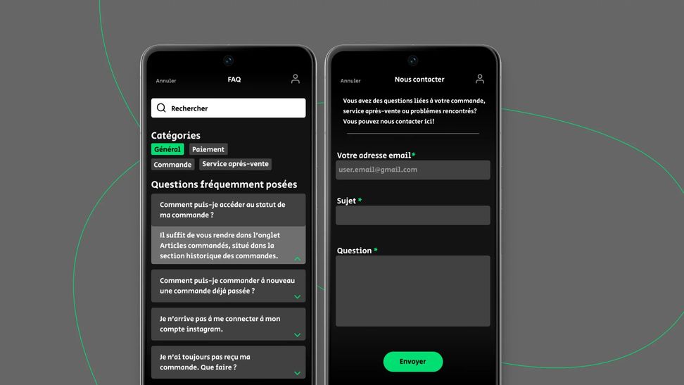 Deux smartphones à l'interface sombre de Polatify sur fond gris : une FAQ avec des catégories en vert et un formulaire « Nous contacter » avec un bouton vert « Envoyer ».