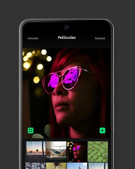 Smartphone affichant l'écran « Pellicules » de Polatify : la grande photo d'une femme aux lunettes roses éclairées au néon et, dessous, une grille de miniatures.