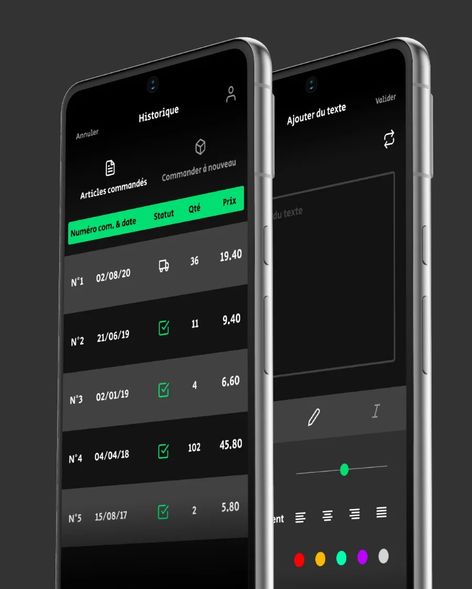 Deux smartphones inclinés sur fond gris, l'un affichant l'historique des commandes de Polatify en tableau, l'autre un écran d'ajout de texte avec une palette de couleurs.