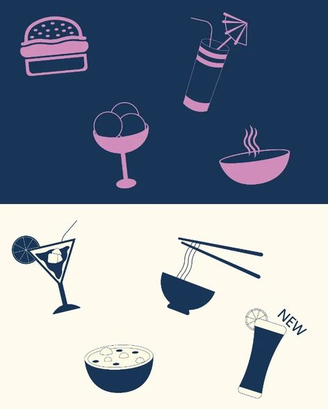 Planche d'icônes dessinées pour le Tao Bar : burger, cocktails, coupe de glace, bol fumant et bol de nouilles, en rose sur bleu nuit puis en bleu nuit sur fond crème.